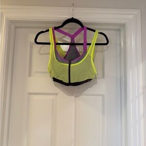 VSX Neon Yellow Mesh Sports Bra with Purple Straps
